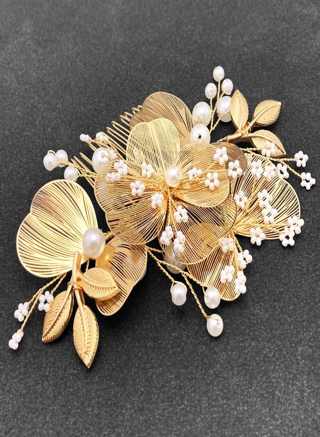 BETITETO Gold Flower Hair Accessories for Bride Wedding Pearl Metal Floral Hair Pieces with Combs for Women Girls - Image 5